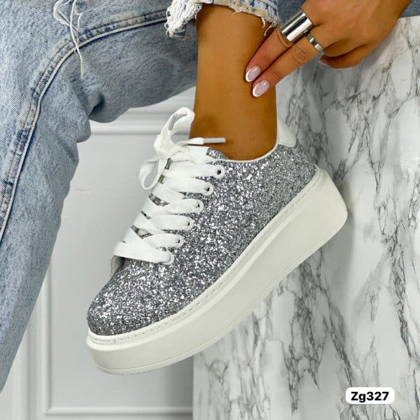 Tenis blanco apliques plateado suela 5cm 9290 C-36
